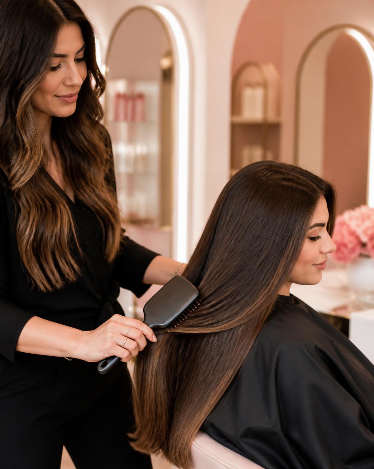 Estilista profesional peinando cabello largo y brillante