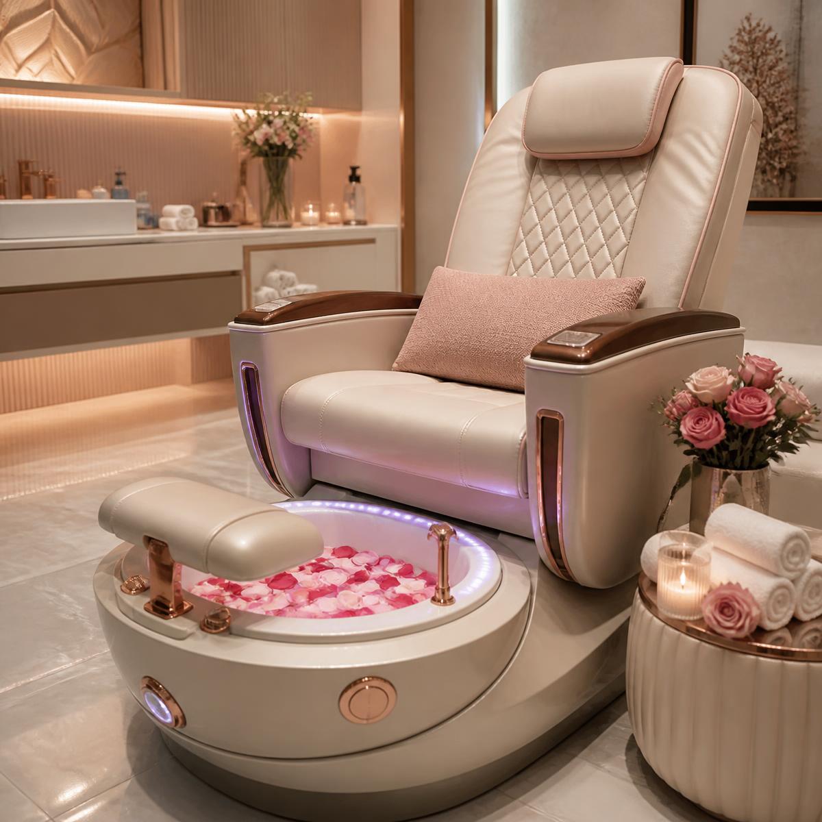 Sillón de pedicure spa con pétalos de rosa