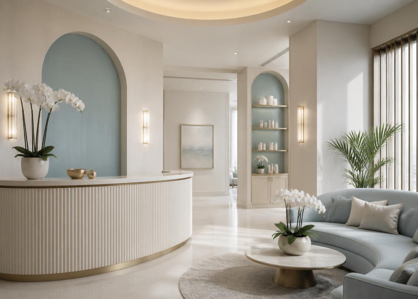 Recepción del spa con detalles en azul pálido y dorado