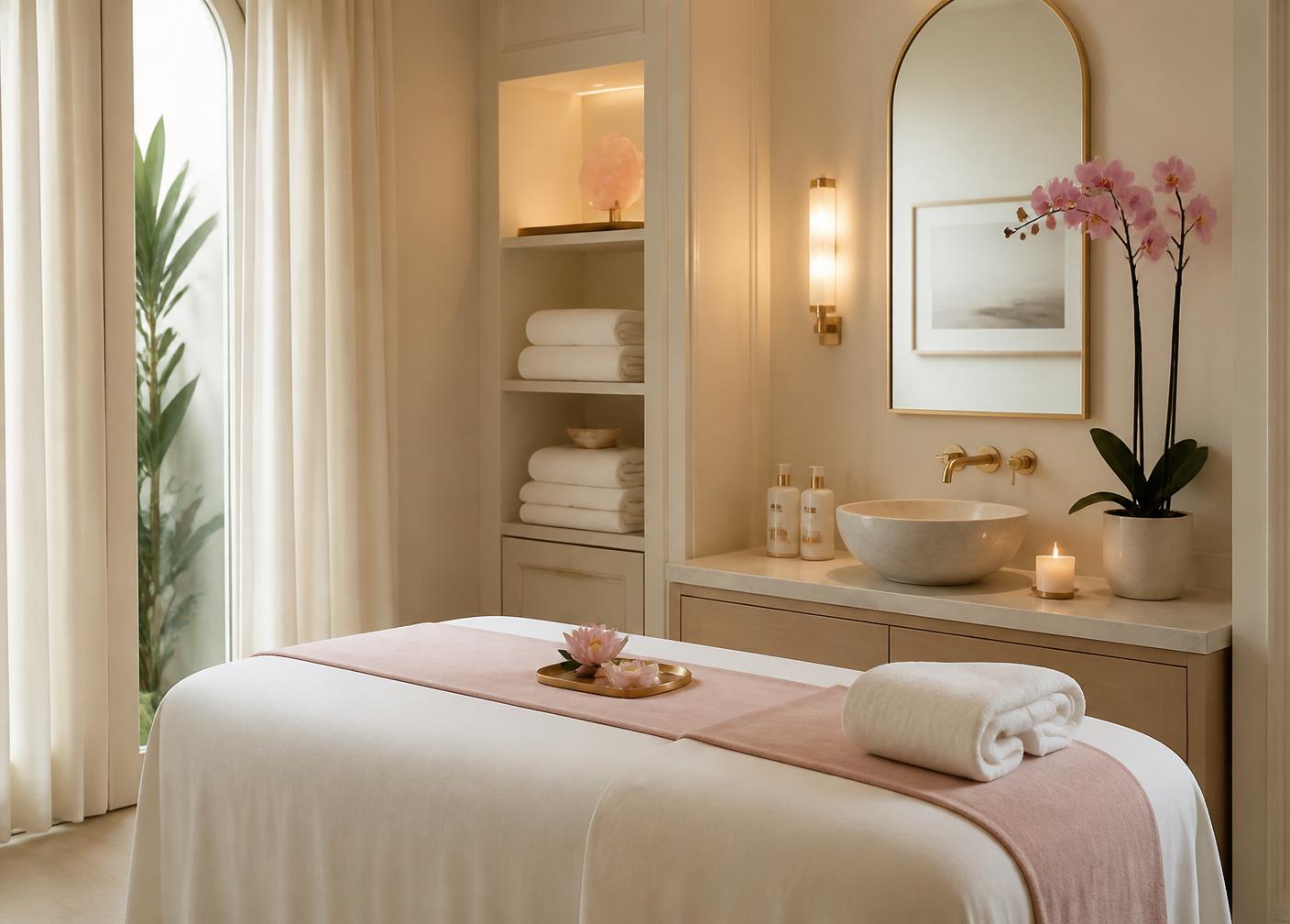 Cabina de spa de Serenity Studio Spa con camilla, toallas y orquídeas